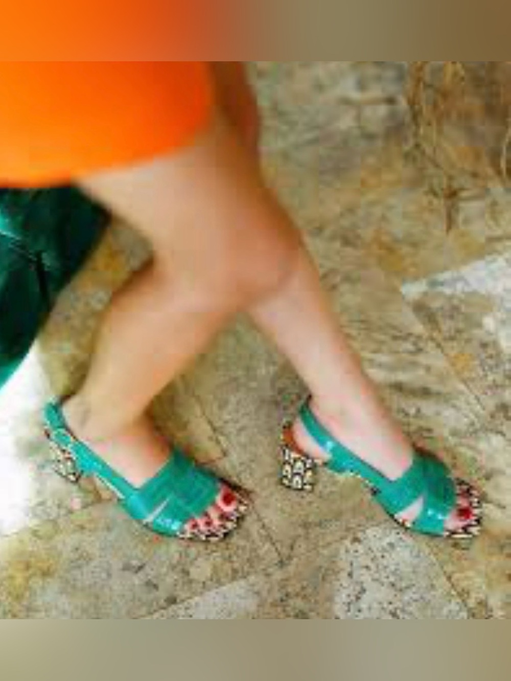 Chie Mihara Green Croc-Embossed Slingback Sandal with Patterned Block Heel